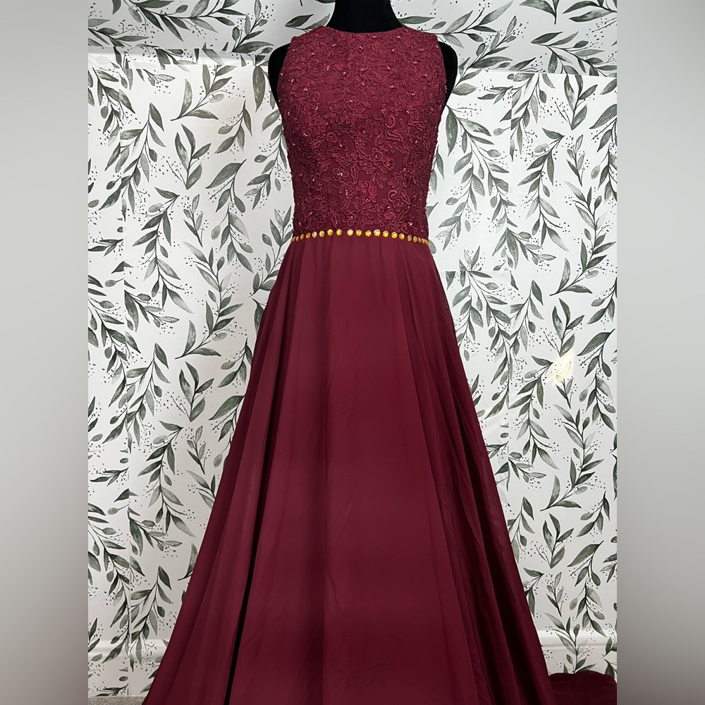 Burgundy Lace Bodice Evening Gown Flowing Chiffon Skirt Prom Cocktail Sz M NWT D - Picture 3 of 13